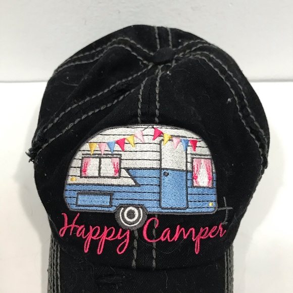 Happy Camper Embroidered Distressed Strapback Cap - Picture 2 of 4